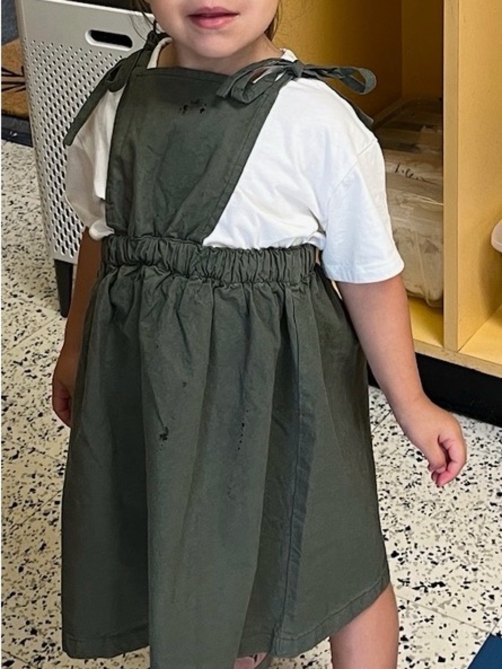 Girls Olive Tie-Shoulder Pinafore Dress with Elastic Waist